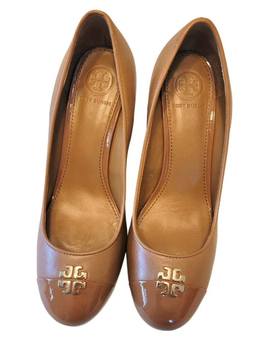 Tory Burch Jolie Nappa Leather Closed Cap Toe Wedge Heels in Royal Tan